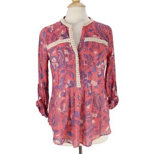 Anthropologie Maeve Abella‎ Top size 4 Pink Floral Butterfly Print Henley
